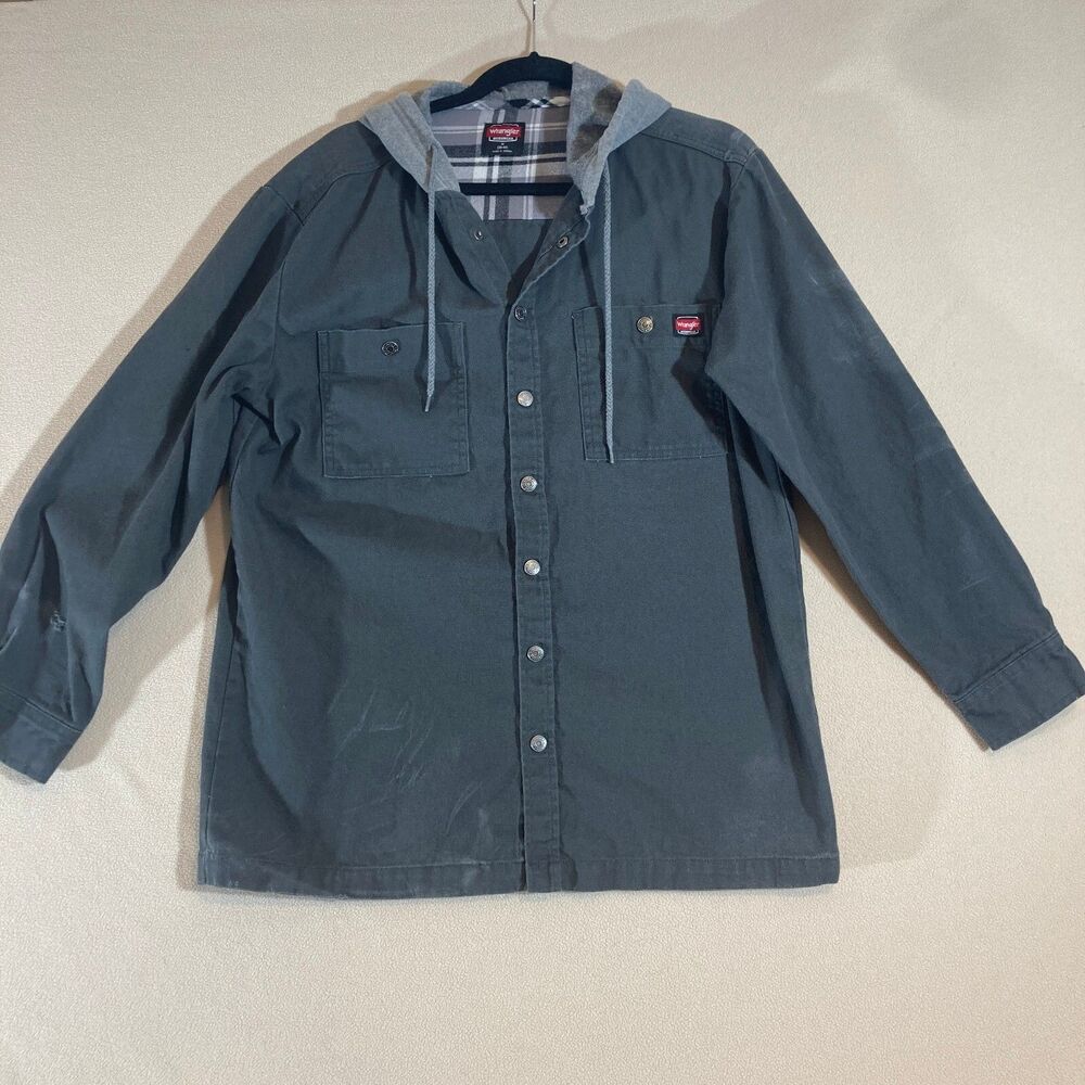 Wrangler Jacket Men's Med Gray Canvas Snap Shacket Hooded‎ Workwear Shirt